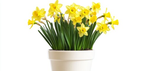 Fototapeta premium Vibrant yellow daffodils, also known as Narcissus, bloom beautifully in a pot, showcasing their charming petals against a clean white background for a striking visual appeal.