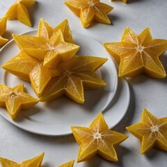 Fototapeta premium A starfruit sliced into star-shaped pieces on a white plate.