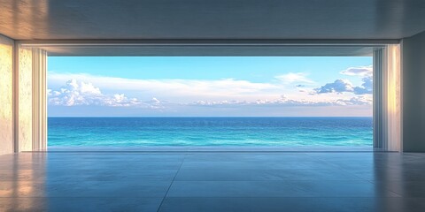Room that is devoid of furnishings, complemented by a scenic background showcasing a view of the ocean, highlighting both emptiness and the beauty of the sea.