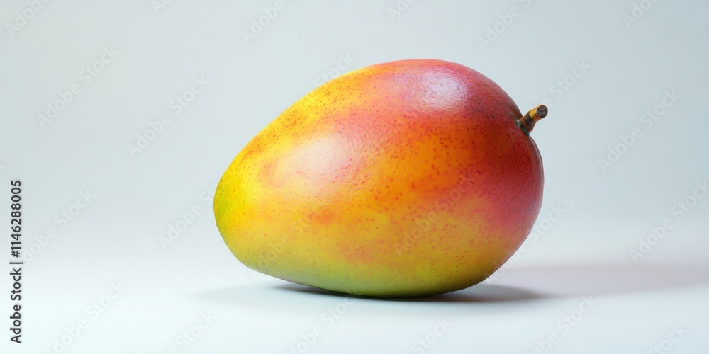 Poster A detailed, close up view of a mango set against a plain white background, highlighting its texture and color. This emphasizes the mangos appealing features.