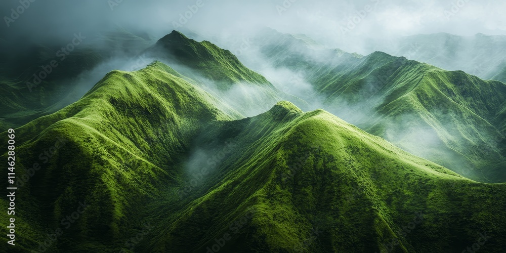 Poster vibrant green mountains enveloped by fog in the morning light create a serene and mystical atmospher