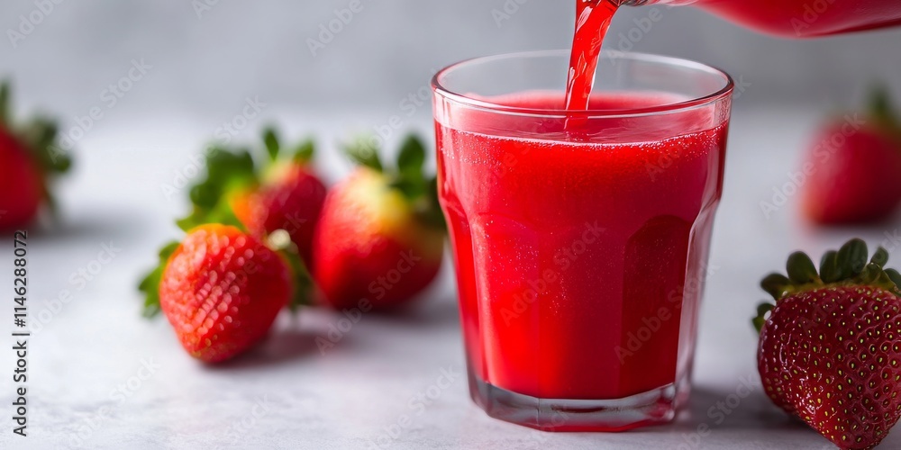 Poster fresh strawberry juice being poured against a clean white background, showcasing the vibrant color a
