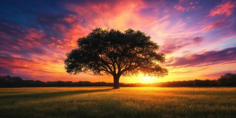 Fototapeta premium A beautiful sunset moment highlights a solitary tree. This impressive tree stands out against the vibrant sunset, creating a stunning visual that captures the beauty of nature.