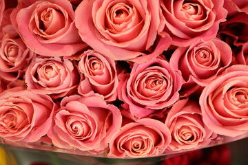 Beautiful bouquet of fresh roses, top view. Floral decor
