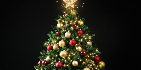 Fototapeta premium A beautifully decorated Christmas tree with lights and ornaments, topped with a star.