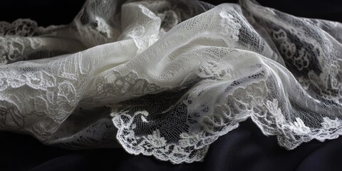 Delicate white lace rests elegantly on a contrasting black background, highlighting the intricate patterns and textures of the lace. The beauty of white lace stands out vividly against the dark