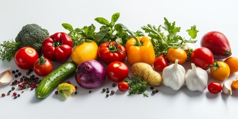 Assorted fresh vegetables and ingredients arranged on a white background, showcasing a variety of colors and textures, perfect for illustrating the beauty of fresh vegetables and ingredients.