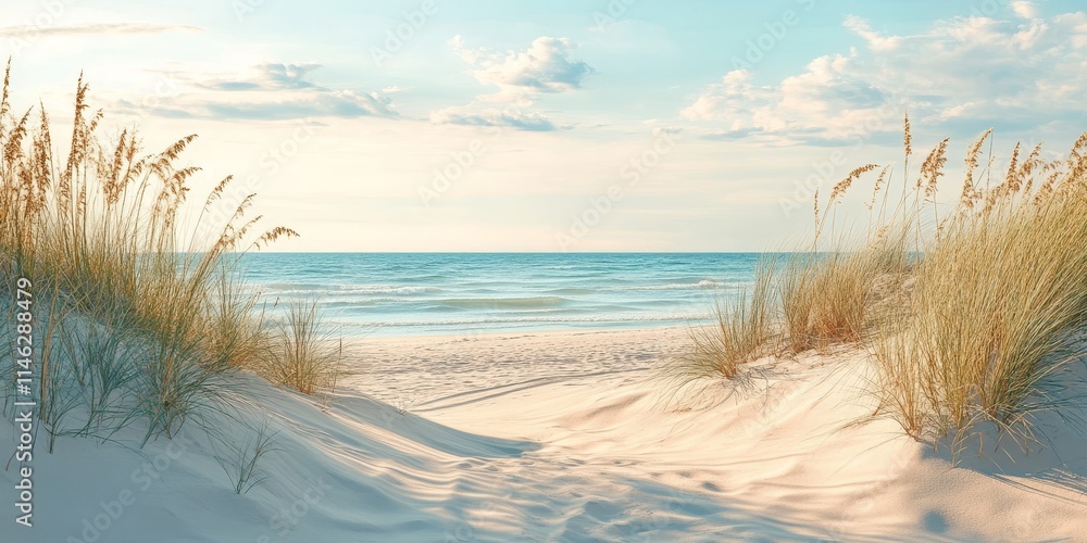 Poster tranquil sandy beach scene ideal for use as a background or backdrop, perfect for a variety of creat