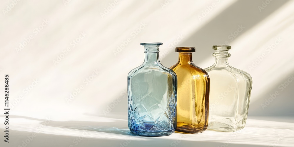 Poster image featuring three glass bottles against a white background illuminated by soft light, highlighti