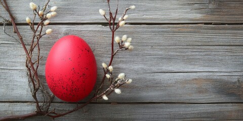 Blank Easter greeting card featuring a red Easter egg, catkins, and a vine set against a rustic wooden background, perfect for celebrating the joy of Easter with a personal touch.