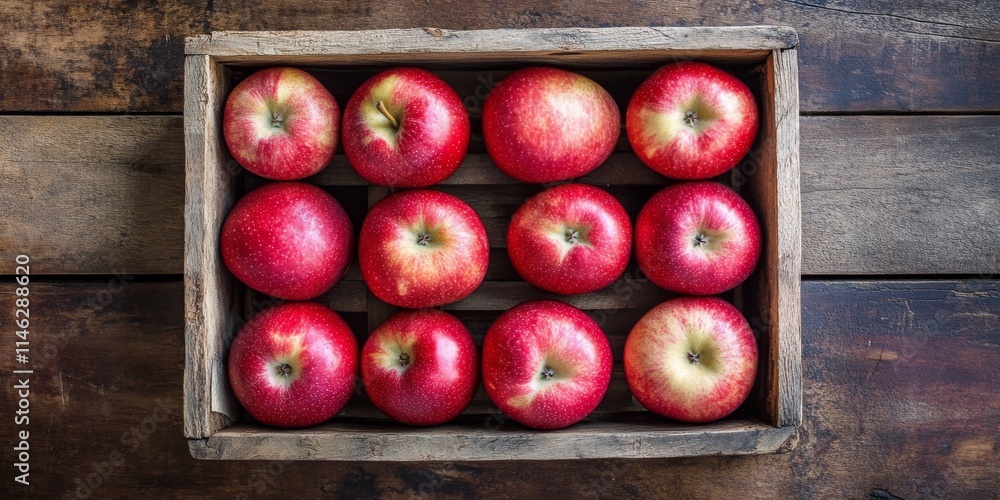 Poster fresh red apples arranged in a wooden box on a wooden table create an appealing flat lay composition