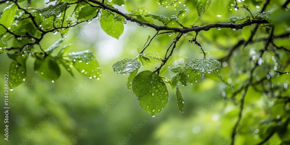 Aufkleber close up view of rain drops on a tree in a wooded area, highlighting the beauty and serenity created
