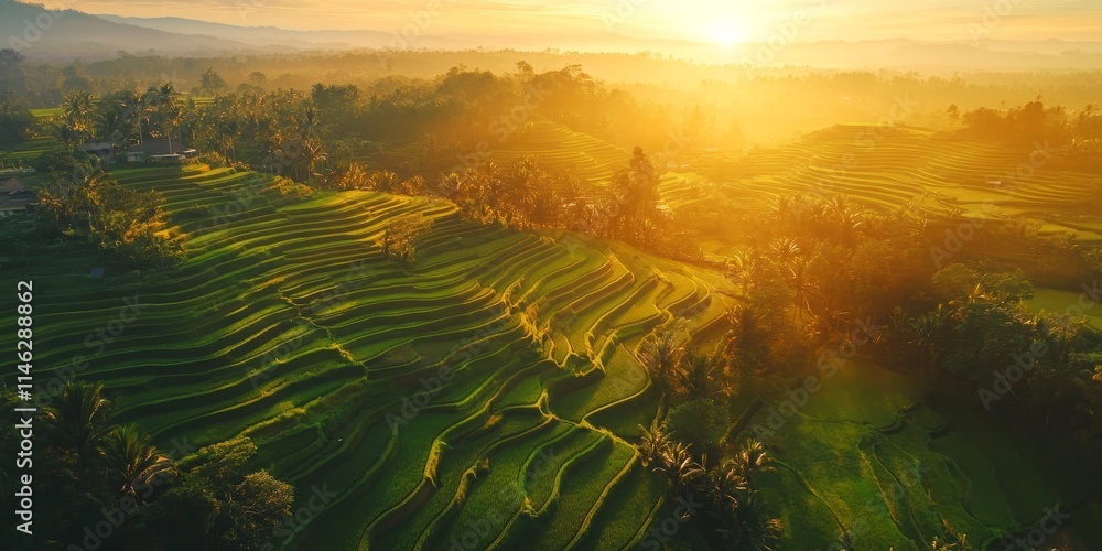 Poster stunning aerial view of a beautiful sunset over vibrant rice paddy fields captured by a drone, showc