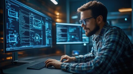 Programmer working late coding complex software programs