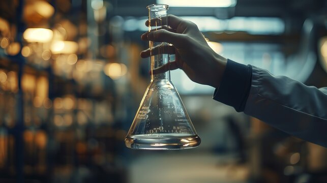 Scientist's hand holding a flask with laboratory glassware in the background, representing research and development in a modern chemical science laboratory.