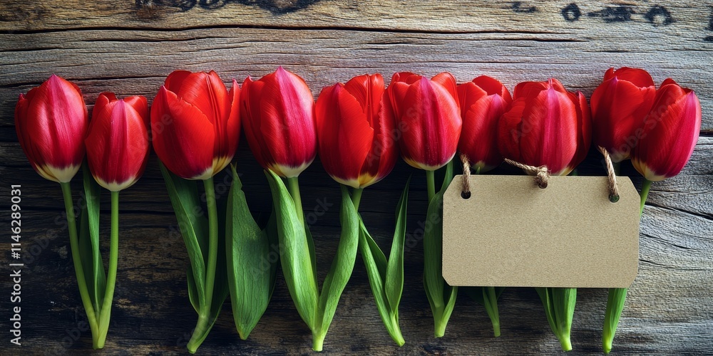 Poster valentine s day red tulips elegantly arranged with a blank tag on a rustic wooden background, perfec