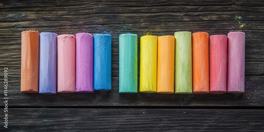Poster Colorful chalks arranged on a wooden surface create a vibrant visual display. The assortment of chalks showcases a variety of colors, ideal for creative projects and artistic expression.