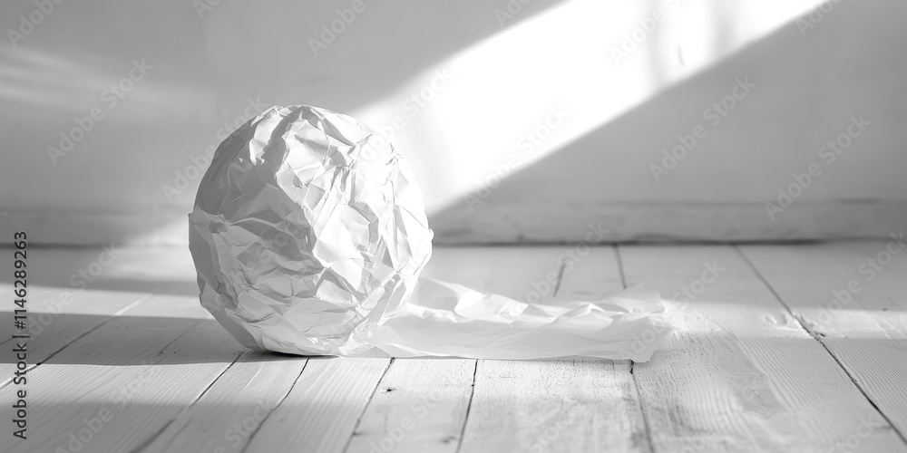 Leinwandbilder crumpled monochrome paper ball and lumpy white sheet on a wooden floor create a unique visual compos