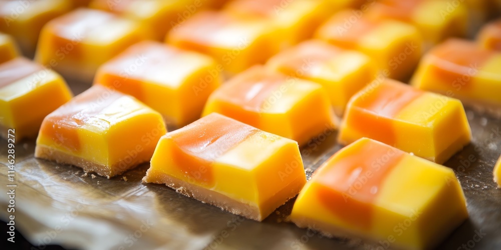 Poster scoring candy corn fudge with a parchment paper template allows for precise cutting into small candy