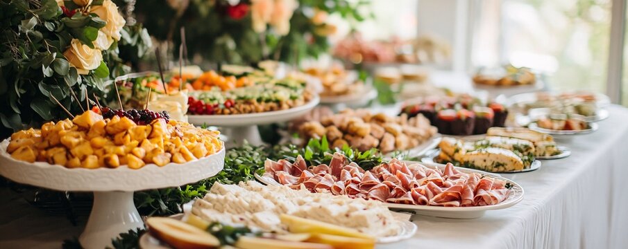 Catering buffet food table decorated with greenery and flowers displaying delicious dishes