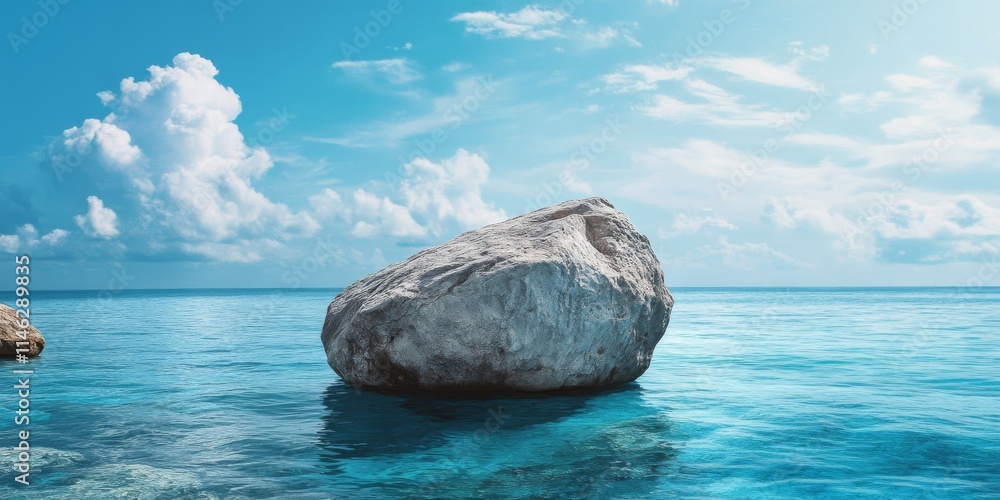 Poster Boulder emerges gracefully from the blue ocean, creating a stunning contrast between the rugged boulder and the serene azure waters. This boulder stands as a striking feature in the vast blue ocean.