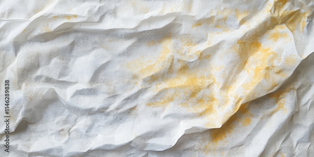 Poster aged white fabric showcasing stains in yellow and gray paints, ideal for use as a textured backgroun