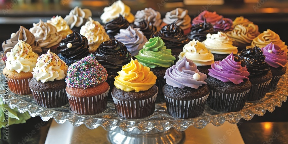 Poster a variety of scrumptious cupcakes on display highlights their delightful flavors and appealing desig