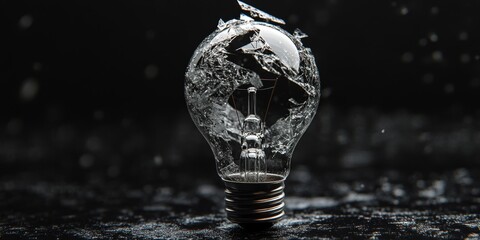 Smashed light bulb placed on a black background, highlighting the characteristics of old, non green technology. This image of a smashed light bulb emphasizes the need for modern alternatives.