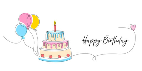 Continuous line drawing of birthday cake with candles and balloons. Birthday cake one line colored drawing in single line art style. Doodle sketch concept. Editable stroke Vector Illustration