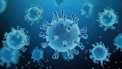 Microscopic View of Blue SARS-CoV-2 Virus Particles With Spike Proteins Representing COVID-19 Structure and Mechanism for Infection, Essential for Understanding Viral Behavior and Vaccine Development