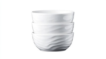 Stack of three white porcelain bowls with wavy texture.