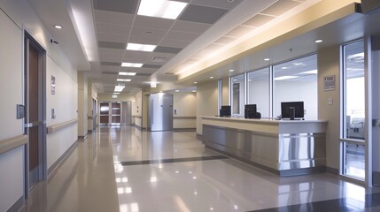Obraz premium Bright and expansive corporate office lobby with clean contemporary design featuring glass walls tiled floor and open workspace This modern
