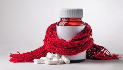 Glass jar filled with white capsules wrapped in a vibrant red woolen scarf, symbolizing health and winter wellness remedies for cold protection, immune boosting, and seasonal care essentials