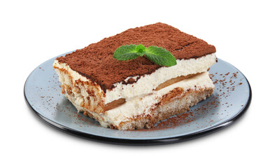 Piece of tasty tiramisu with fresh mint isolated on white