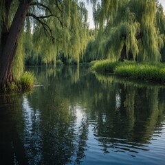 Obraz premium A calm river with willow trees arching over the water’s edge.
