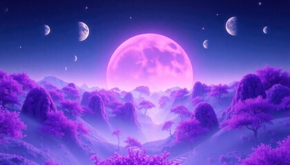 Naklejka premium 4K HD Wallpapers An Alien Planet With Glowing Purple Forests And A Sky Filled With Multiple Moons. Desktop Wallpaper HD. HD Backgrounds