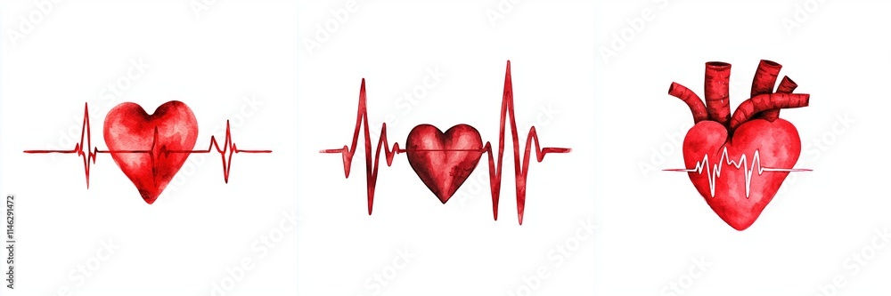 Poster laser beams interaction concept. the image features three red heart icons accompanied by heartbeat l