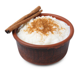 Delicious rice pudding with cinnamon isolated on white
