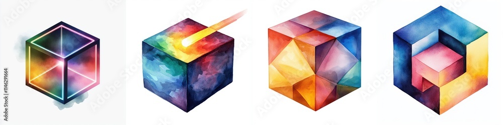 Poster laser beams interaction concept. a vibrant, abstract representation of cubes featuring colorful grad