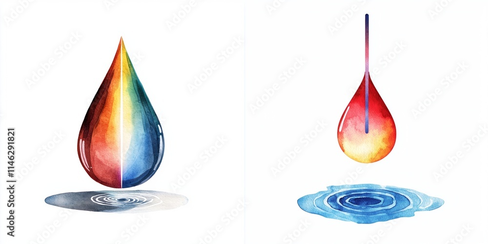 Poster laser beams interaction concept. the image features two artistic water droplets, one displaying a vi