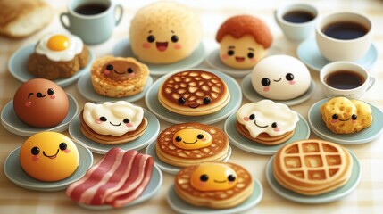 Obraz premium Cute cartoon breakfast food characters on plates with coffee cups.