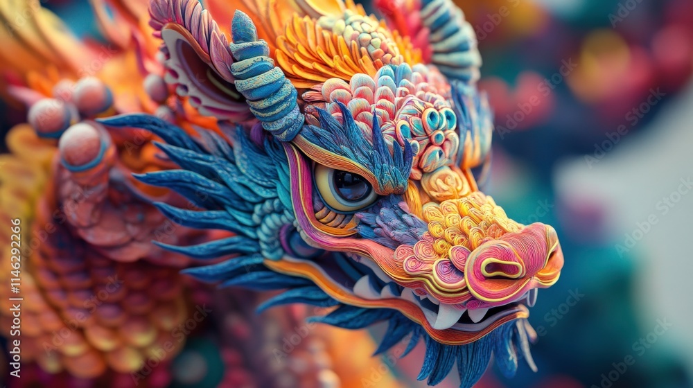 Poster Vibrant and Intricate Dragon Sculpture Showcasing Colorful Patterns and Detailed Craftsmanship in a Handmade Art Display