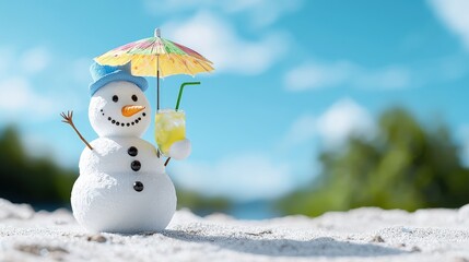 Obraz premium Snowman enjoying a tropical drink on a beach.