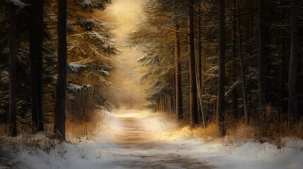 Obraz premium Snowy Forest Trail with Golden Sunlight