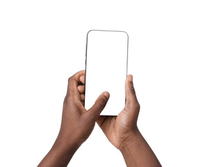 Woman with modern smartphone on white background, closeup