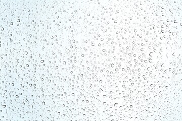 Many water drops on light glass surface, closeup