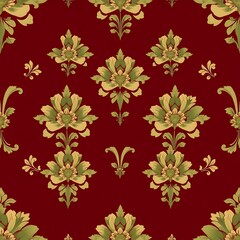 Crimson and Gold Damask Pattern: A timeless and elegant damask pattern, featuring intricate floral motifs in shades of gold against a rich burgundy background.