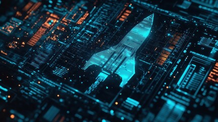 Obraz premium Futuristic rocket ship hologram on a digital circuit board.