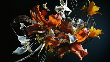 Obraz premium An artistic bouquet of abstract floral sculptures against a dark artistic backdrop, creative shot, Avant-garde style