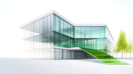 Fototapeta premium Contemporary architecture featuring glass and green elements, set against a white, isolated backdrop.